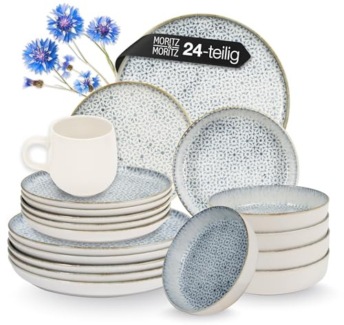 Moritz & Moritz ALHAMBRA Geschirrset 6 Personen 24-tlg. aus hochwertigem Porzellan - Modernes Tafelservice in Blau - Geschirr Set aus je 6x Speiseteller, Dessertteller, Tassen und Schalen
