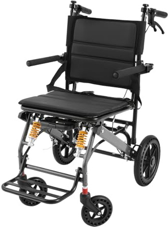 Klappbar Rollstuhl,stoßdämpfende Federn,Leichtgewicht,Bremse an den Griffen,Sicherheitsgürtel,bis 100kg Reiserollstuhl für Senioren ergonomisches Transportrollstühl Wheelchairs aus Aluminium