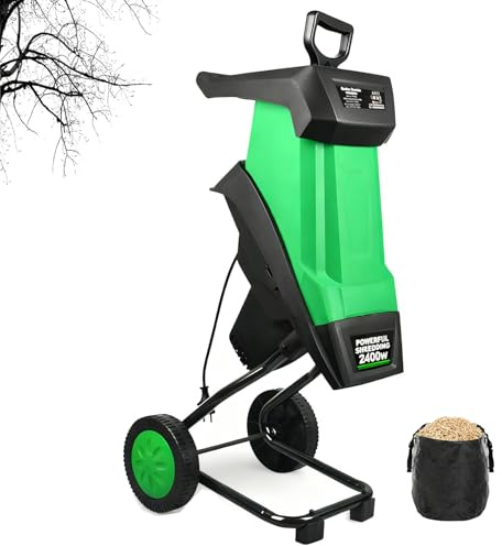 Biotrituratore Elettrico per Legno, Trituratore Rapido Da Giardino da 2400 W con Sacco di Raccolta da 50 Litri E Lame In Acciaio al Manganese a Doppia Faccia. per Rami Fino A 40 Mm Di Diametro