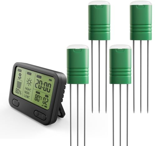 VODESON Boden Feuchtigkeitsmesser für Pflanzen,Gartenboden Temperatur/Feuchtigkeit/Sonnenlicht/Zeit /4-in-1 Feuchtigkeitsmessgerät Pflanzen für Gartenarbeit,Rasen (1 Monitor + 4 Sensoren)