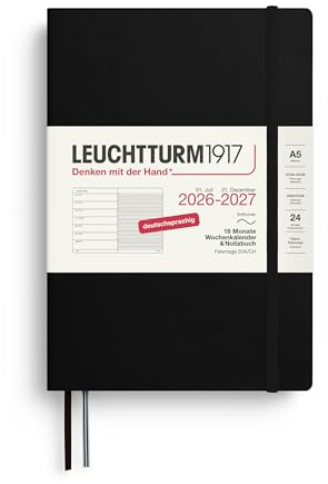 LEUCHTTURM1917 Veckokalender 2027 A5 med anteckningsbok, linjerad – möteskalender tyska, 18 månader juli 2026 – december 2027, svart, mjukt skydd, 210 x 145 mm, veckoöversikt vänster + anteckningssida