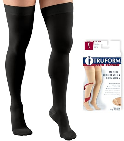 Truform 30-40 mmHg Compression Stockings for Men and Women, Thigh High Length, Dot-Top, Closed Toe, Black, Medium