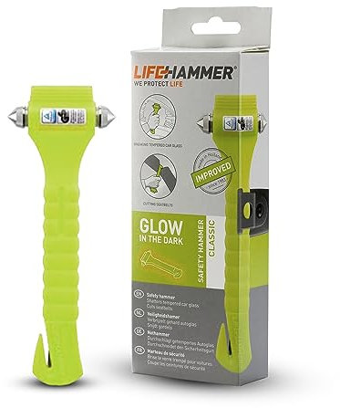 Lifehammer CR-134455 Martillo de seguridad de marca, la herramienta original de emergencia de escape y rescate con cortador de cinturón de seguridad, fabricado en los Países Bajos, color amarillo brillante