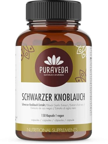 Schwarzer Knoblauch Extrakt hochdosiert 150 Kapseln - 10:1 Ratio - geruchslos - 3% Polyphenole - Allium Sativum L. - Vegan - Abgefüllt und kontrolliert in Deutschland - Puraveda