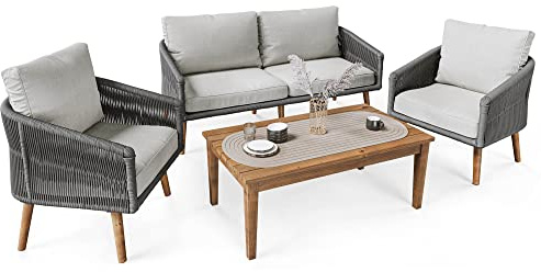 di volio Gartenmöbel Set Seilgeflecht Akazienholz Grau 4-Sitzer Matera | Sitzgruppe, Gartenlounge, Outdoor Möbel, Wetterfest, Balkon, Terrasse, Sofa, 2 Sessel, Couchtisch, FSC Holz