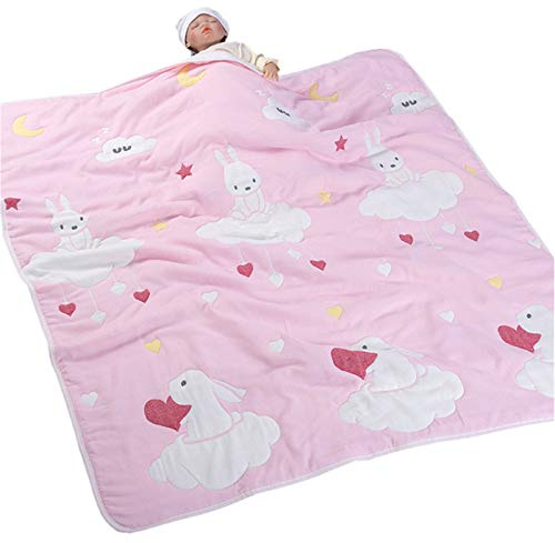 Hayisugal Baby Kuscheldecke 10 Schichten 100% Baumwolle Musselin Kinder Decke weich Krabbeldecke Kinderwagen Baumwolledecke Winter Bettdecke Spieldecke, Rosa Hase, 120 x 150cm