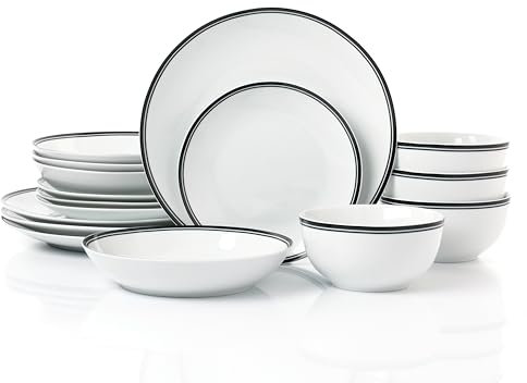 Waterside 16pc St Ives Stripe Porcelain Dinner Set - Black Rings; 4 Dinner Plates, Side Plates, Deep Bowls and Shallow Bowls - Dishwasher & Microwave Safe