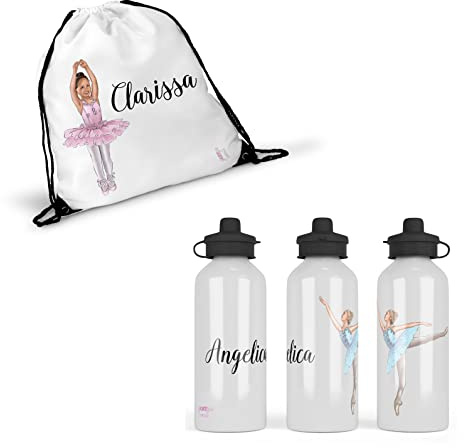 Set Zaino e Borraccia Personalizzati per Ballerina con Nome | Danza Classica, Sacca Allenamento Portascarpette, Poliestere e Alluminio, Coordinato Balletto