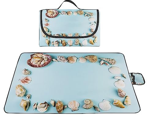 TengYuer Picknickdecke 180x200cm Stranddecke Wasserdicht Sandfrei Isoliert Faltbar Strandmatte mit Tragegriff Outdoor Campingdecke XXL für Camping Parks Strände Picknick Blaue Muschel