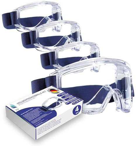 kela 4er Pack Vollsichtschutzbrillen ACT I 100% Made in Germany | Ventilation Anti Fog Beschichtung | Acetatscheibe gegen Chemikalien I breites Kopfband | Baustelle, Labor, Werkstatt