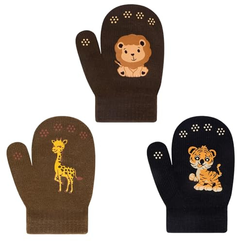 3 Paires D'hiver Enfants Gants en Tricot Mitaines Mitaines Magiques Bébé pour Filles Garçons Gants Tricotés à Doigts Complets Gants Magiques pour Neige Ski Snowboard Cadeau de Noël (Jungle Animal)