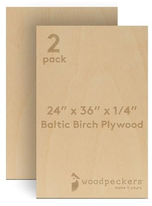 Baltic Birch Plywood 24 x 36 x 1/4 Inch - 6 mm Craft Wood, Pack of 2 B/BB Grade, Stronger Than Basswood Sheets or Balsa Wood, Perfect for Laser, CNC Cutting, Wood Burning, by Woodpeckers