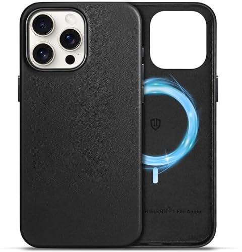 SHIELDON Lederhülle für iPhone 15 Pro Max 6,7 5G 2023, Schwarz | Echtleder, Kabelloses Laden, Stark Magnetkraft, Anti-Fingerabdruck, Kratzfest, Dünn Schutzhülle, Lederhülle, Handyhülle
