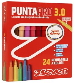 Seven Pennarelli Scuola Puntapro 3.0 - Scatola da 24 Pz, Pennarelli a Colore, Super Washable, Bambini e Ragazzi