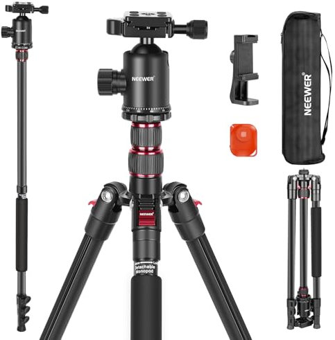 NEEWER 77” Camera Tripod Monopod with Phone Holder, Portable Travel Tripod with Remote, 360° Ball Head, 2 Axis Center Column, Arca QR Plate and Bag, Aluminum DSLR Stand 34lb Max Load, TP77