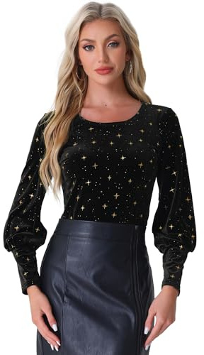 Allegra K Haut en Velours Femme Blouse à étoile Métallique avec Manches Longues Bouffantes Pull Brillant de Fête Col Rond Chemisier Vintage pour Noël Noir XS
