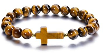 PiercingJak Herren Armband Kreuz Perlenarmband 8mm Edelstein Perlen Armbänder Tigerauge Obsidian Onyx Lavasteine Diffusor Armreif Spiritueller Schmuck Kommunion Geschenke für Männer Junge