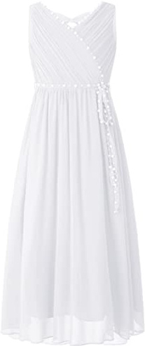 ranrann Robe de Cérémonie Fille Long sans Manches avec Perles Nœud Papillon Blanc 9-10 Ans