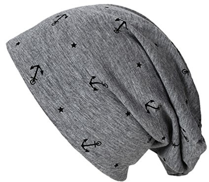 Glamexx24 lång klassisk beanie-mössa: män kvinnor vintermössa, unisex löparmössa för vår, höst och vinter med ankarmönster, Grå med ankare och stjärnmönster, one size
