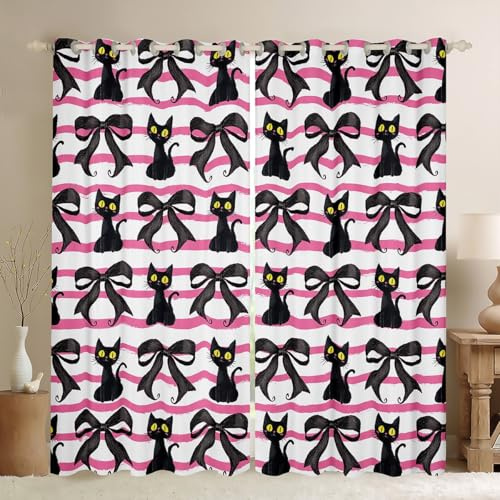 Manfei Cartoon Bowknot Kids Blackout Curtain,Cute Cat Pink Bow-tie Princess Castle Window Drapes for Girls Women,Geometric Stripes Patch Black Window Treatments Grommet Top 2 Panel Set,38Wx45L inch