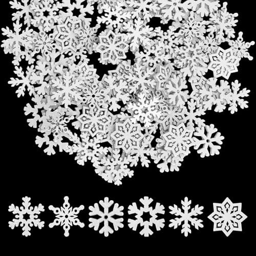 100pcs Mini Snowflake Ornaments, 0.9in Tiny Wooden Snowflakes Christmas Snowflake Decorations Snow Shaped Decors for DIY Craft Xmas Tree Winter Party Home Decoration (White)