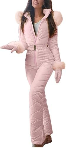Las Mujeres Trajes de Nieve de una Pieza Mono de Invierno Traje de Esquí Capucha Cuello de Piel Mono Deportes al Aire Libre Impermeable Trajes de Esquí Mameluco (Rosa,L)
