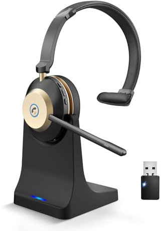 Casque Bluetooth sans fil avec micro antibruit et dongle USB, casque sans fil avec base de charge et 45 heures de temps de conversation pour bureau/ordinateur/téléphone portable/équipes MS/Skype/Zoom