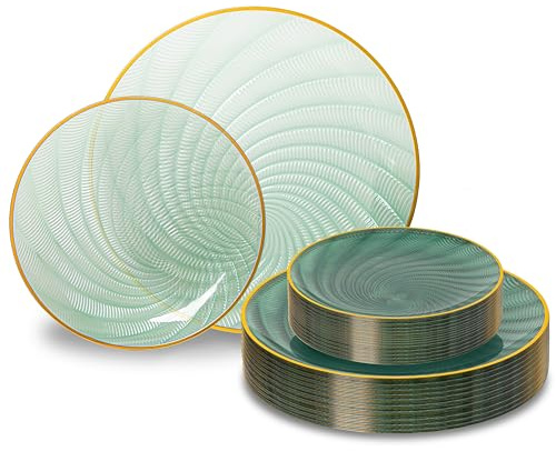 N9R 60PCS Green Plastic Plates for Party, Heavy Duty Disposable Plate with Gold Rim, Elegant Spiral Design 30 Dinner & 30 Dessert Plates for Wedding, Birthday(Translucent Green)