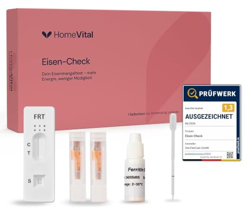 HomeVital Eisenmangel Selbsttest für Zuhause – Eisenwert Schnelltest | Ergebnis in 5 Minuten, zur Orientierung bei Müdigkeit & Erschöpfung, einfache Anwendung