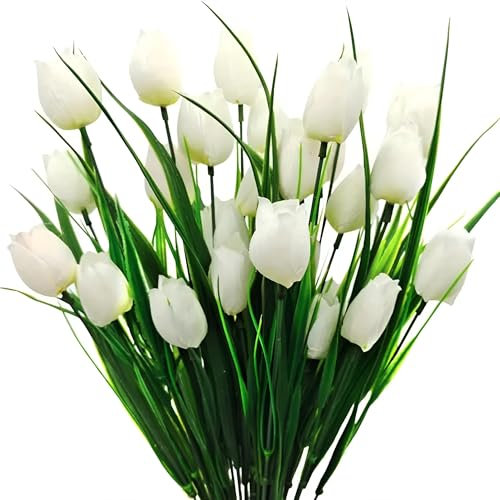 HNVNER Artificial Tulips Flowers 6 Bunches, White Silk Fake Tulips Flowers Bouquet 30pcs Flower Head for Wedding Arrangements Home Garden Decoration