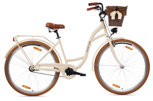 Goetze Style 28 Zoll Damen Citybike, 18 Zoll Tiefeinsteiger Stahlrahmen, 1-Gang Rücktrittbremse, V-Bremse vorne, LED-Beleuchtung, Rattankorb, Komfortsattel, mit Seitenständer & Klingel
