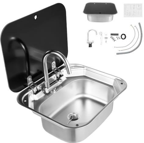 ROGONPDK RV Kit d'évier de camping, Bol simple, Lavabo de caravane, Avec robinet et 3 tuyaux, Évier de camping-car en acier inoxydable avec couvercle en verre, Pour camping-cars, petites cuisines