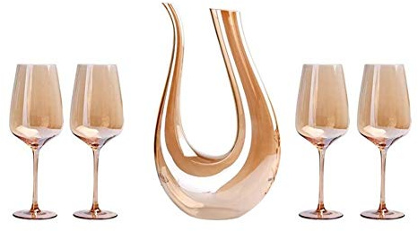 Decantador de vino grueso, Crystal Glass Decanter Set with 4 Glasses 1.5L Lead-Free Gold Drip-Free Tilt Design Pack of 5 Pieces