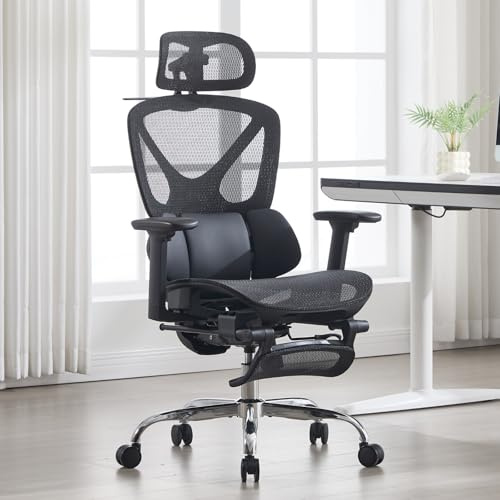 Ya-Home Sedia Ufficio Sedia Ergonomica Sedia Scrivania con Supporto Lombare Poltrona Girevole con Braccioli e Poggiatesta Sedie Computer Regolabile in Altezza con Poggiapiedi, Nero