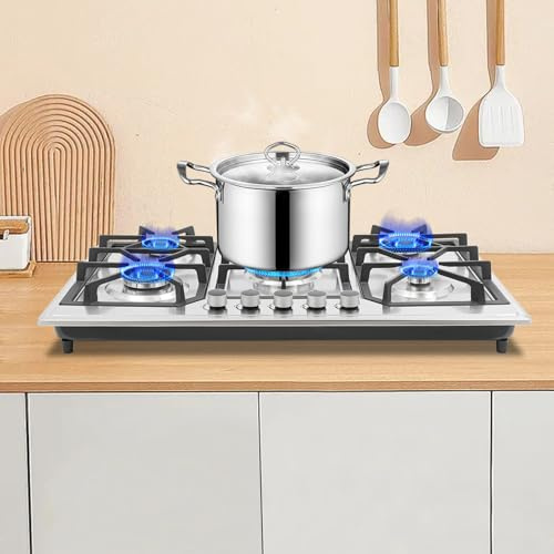 WFIETN - Cocina de gas con 5 fuegos, 5 quemadores, GLP / gas natural encimera/Drop-in 5 fuegos, para viviendas e interiores, 73 x 48 cm, tamaño del recorte