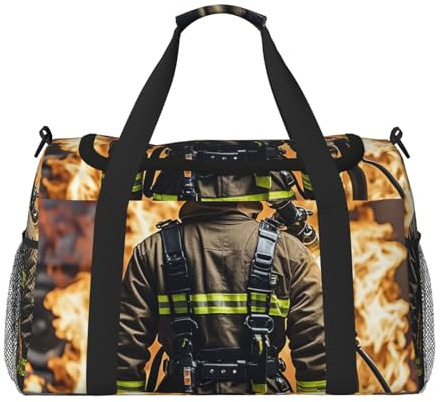 Gym Bag Firefighter Fireman Flame Duffel Bag for Men Women Overnight Bag with Shoe Compartment Travel Workout Bags