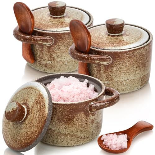 YIMITEE 3 Pack Speckled Ceramic Salt Cellar, Pepper Keeper with Lid and Spoon, Countertop Granulated Sugar Container, Rustic Spices Jar for Kitchen Storage, Decor, Coffee Bar, Housewarming Gift