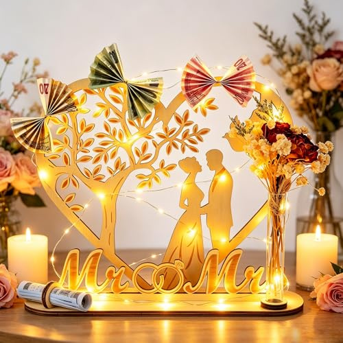 Geldgeschenk Hochzeit Holz, Hochzeitsgeschenke mit LED Lichterkette, Trockenblumenstrauß, Grußkarte, Hochzeitsgeschenk Holz Deko für Brautpaar, Romantisches Geschenk Hochzeit, Verlobung Oder Jahrestag