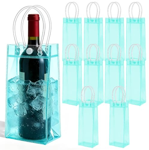 10 stycken flaskkylare: flaskkylare Ice Bag, 11 x 11 x 26 cm PVC ispåse champagnekylare, läckagesäker iväska med handtag för kall öl, vin, drycker, utomhus, camping (blågrön)