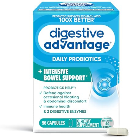 Digestive Advantage Daily Probiotic Capsules for Digestive Health & Gut Health, Probiotics for Men and Women (96 Count Box) - Digestible Enzymes