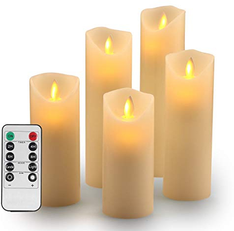 Bougies LED,Bougies Sans Flamme.Lot de 5 (10,12,15,17,19 cm,Ivoire),En Véritable Cire. Avec Vacillement des Flammes Très Réaliste, Télécommande Avec 10 Menus De Fonction, Minuterie de 24 Heures