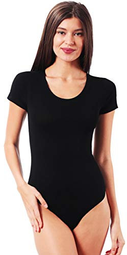 VEDATS Damen Body Kurzarm Rundhals Bodysuit T-Shirt Top Unterhemd (M, Schwarz)