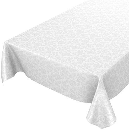 ANRO Wachstuchtischdecke Wachstuch abwaschbar Tischdecke Blumen Einfarbig Uni Weiß Reliefdruck Damast Wachstischdecke wasserabweisend Gartentischdecke Meterware pflegeleicht Lotuseffekt 200x140cm