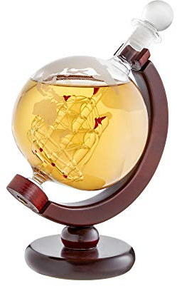 AMAVEL Caraffa Whisky a Mappamondo, Decanter con Tappo Ermetico, Bottiglia in Vetro con Incisione Mappa Geografica, Modellino Veliero, Accessori Casa