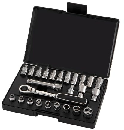 SATA ST09131SJ Durchgangs Steckschlüsselsatz, Knarrenkasten, Ratschenkasten 1/4/6,35 mm, Sechskant Metrisch und Zöllisch 25 Tlg.