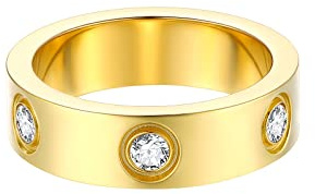 FOCALOOK Anello Uomo Oro 6mm Anello Oro Fidanzamento Acciaio Inossidabile con Zirconia cubica, Fede Nuziale, Anello Acciaio Uomo Placcato Oro Taglia 14