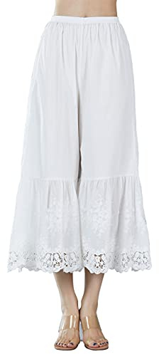EAUTELICATE Capri Pantalon De Pyjama Femme Été Jupon sous-Jupe en 100% Coton Vintage Pantacourt Longue Ample Évasé à La Maison avec Dentelle Ivoire Crème