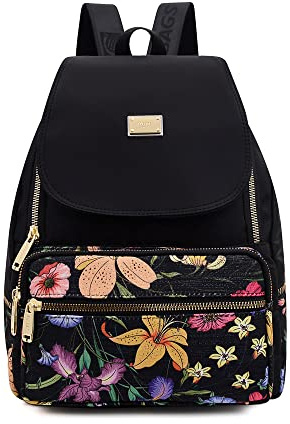 YANAIER Sac à dos tendance pour femmes dames en nylon hydrofuge école sac à bandoulière sac à main sac à dos décontracté sac à dos, floral/noir, 27 x 12 x 33 cm, Sac à dos tyrolien