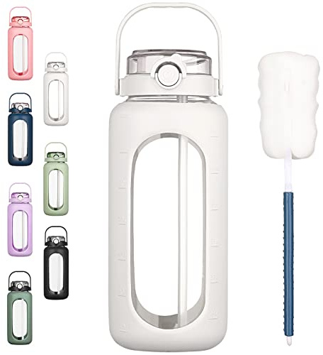 BLUEGO 64oz Glass Water Bottles with Straw Time Marker Half Gallon Large Motivational Water Bottle with Silicone Sleeve 2 Liter Large Glass Water Jug for Gym, Sports& Workout, Daily, White