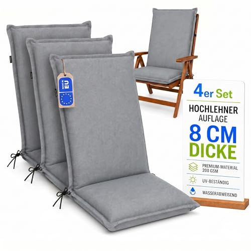 Pillows24 Hochlehner Auflagen 4er Set 120x50x8cm, Wasserabweisend & UV-fest | Premium-Material 200gsm, Extra dicke Polsterung 8 cm, Sitzauflagen Hochlehner, Sitzkissen Gartenstuhlauflagen, Grau